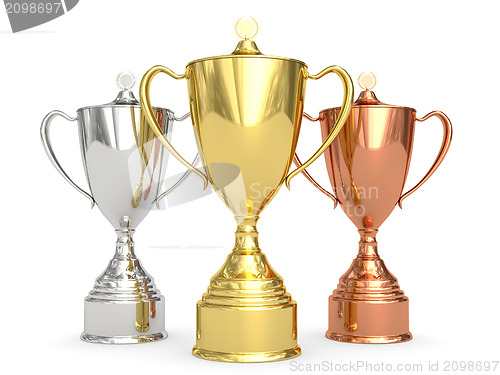 Image of Golden, silver and bronze trophy cups on white