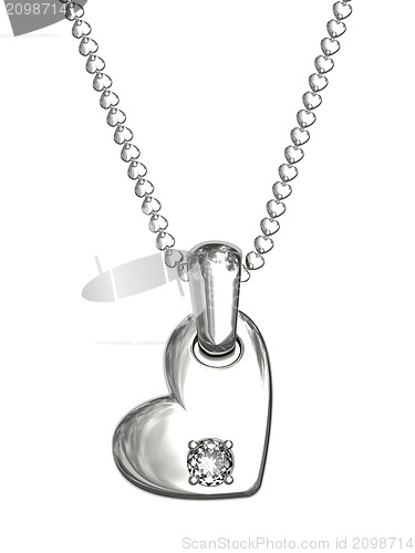 Image of Platinum or silver pendant in shape of heart with diamond