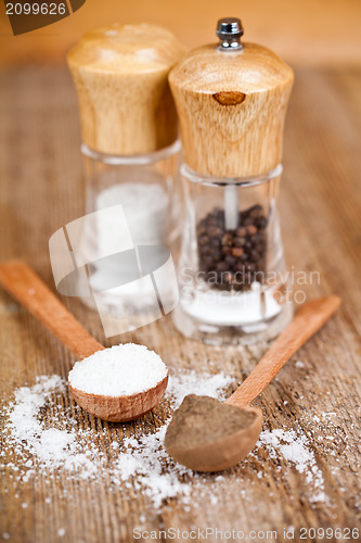 Image of salt and pepper in spoons and shakers