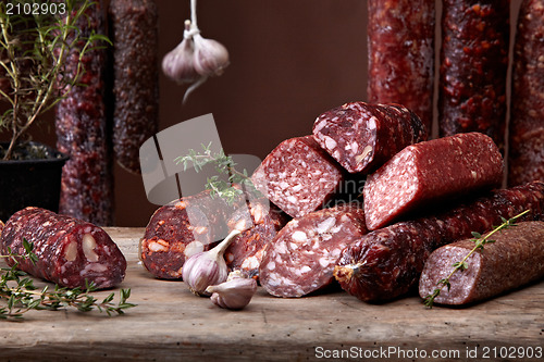 Image of various salami sausages