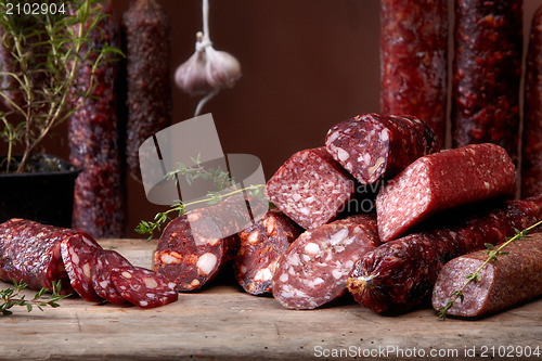 Image of various salami sausages