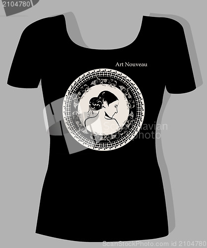 Image of t-shirt design  with  portrait of beautiful girl in art nouveau 