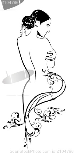 Image of freehand sketch of beautiful girl with floral arabesque in art n