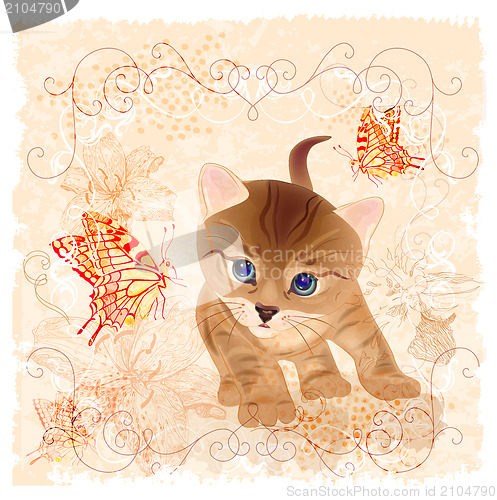 Image of birthday card with little  kitten, flowers and butterflies