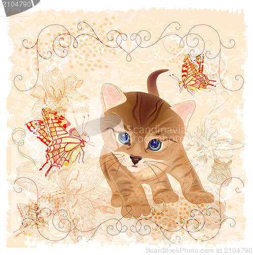 Image of birthday card with little  kitten, flowers and butterflies