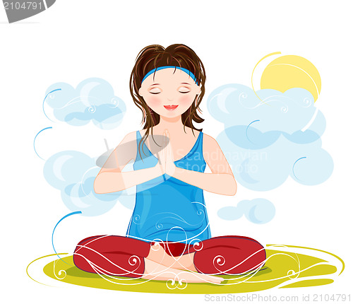 Image of illustration of a beautiful young woman meditating in yoga lotus