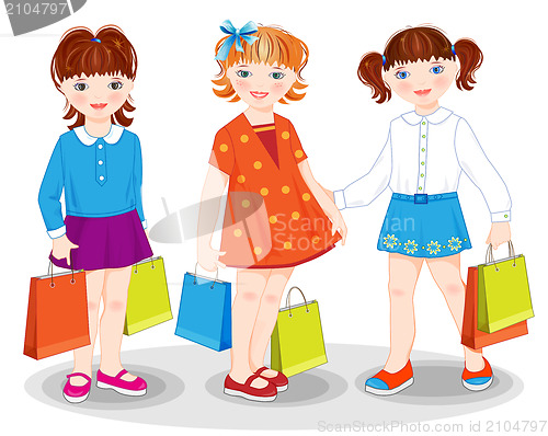 Image of Little girls with bags. Shopping.