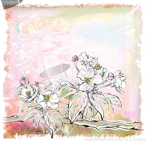 Image of sketch of apple tree in bloom