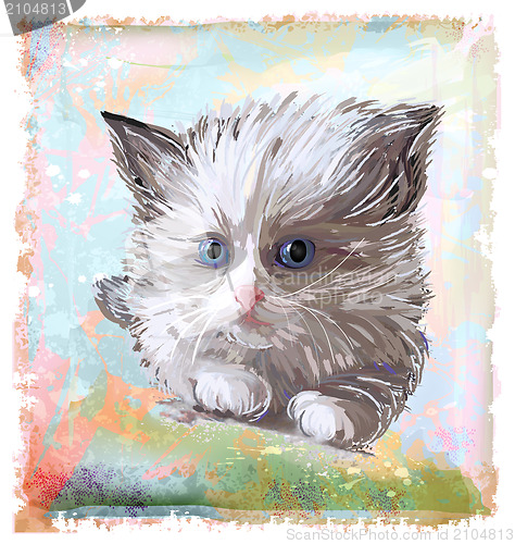 Image of hand drawn portrait of the fluffy kitten  with blue eyes