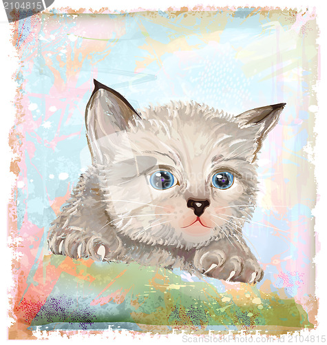 Image of hand drawn portrait of the fluffy kitten  with blue eyes
