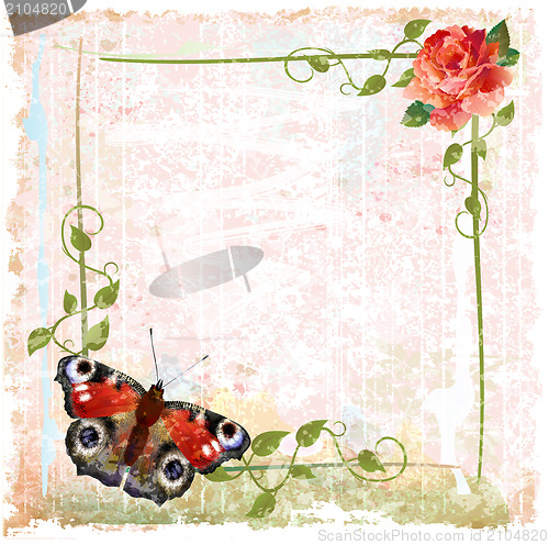 Image of vintage background with red roses, ivy and butterfly