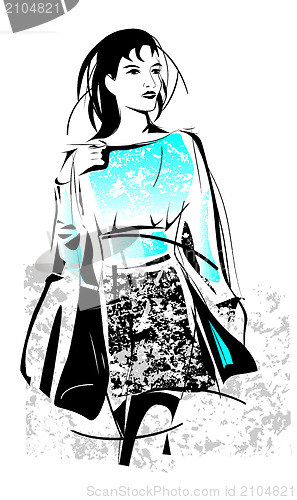Image of freehand sketch of shopping girl with bag