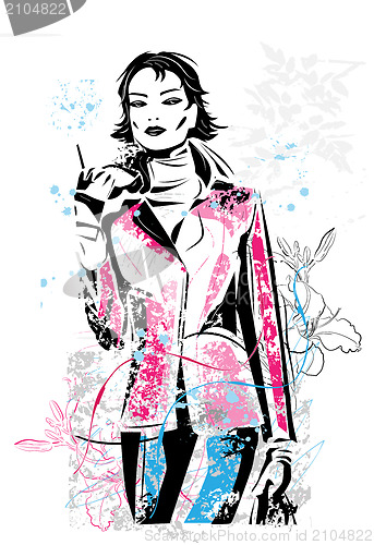Image of freehand sketch of   fashionable girl 
