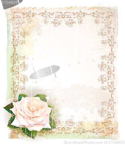 Image of Vintage frame  with rose. Imitation of watercolor painting.