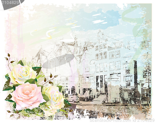 Image of vintage illustration of Amsterdam street and roses. Watercolor s