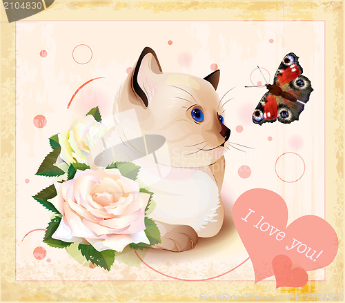 Image of Valentines day greeting card with kitten, butterfly and roses