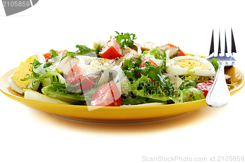 Image of Salad with tomatoes, cheese and chicken in a yellow plate.