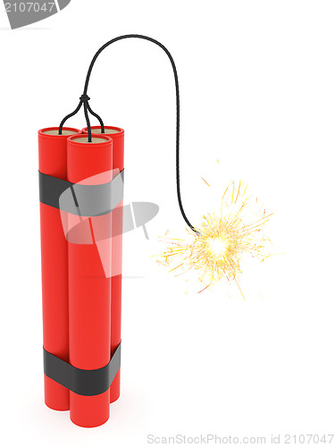 Image of Dynamite with burning wick on white