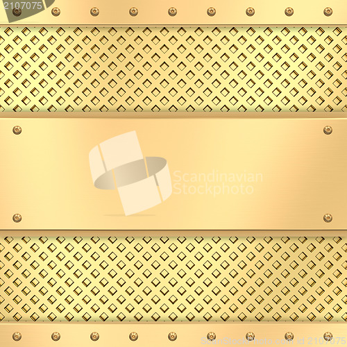 Image of Blank golden plate on grid background with rivets