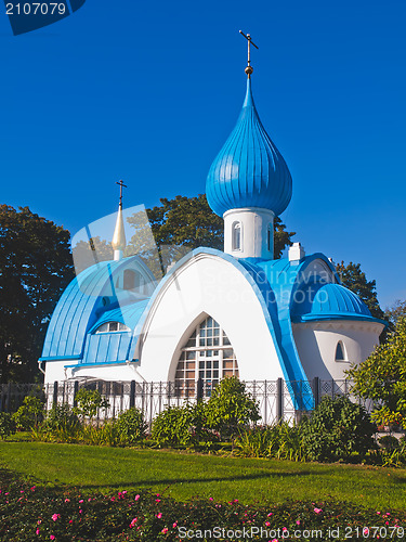 Image of Orthodox white church with blue domes