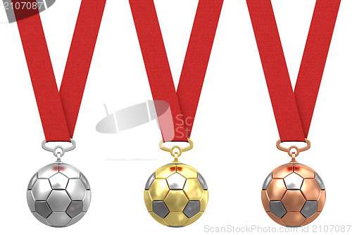 Image of Gold, silver and bronze soccer ball with red ribbons