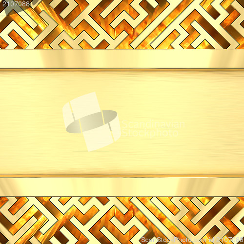 Image of Blank golden plate on maze background with flame