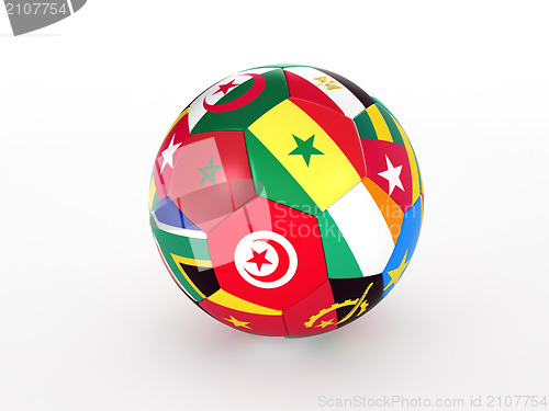 Image of 3d rendering of a soccer ball with flags of the African countries