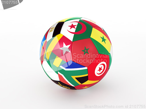 Image of 3d rendering of a soccer ball with flags of the African countries