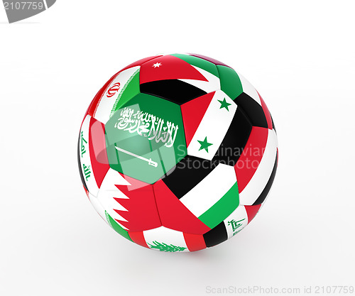 Image of 3d rendering of a soccer ball with flags of the Asian countries
