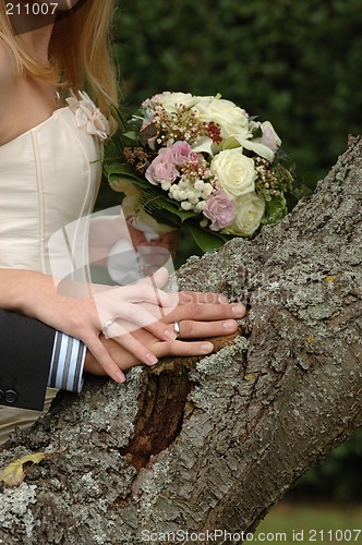 Image of Hands, rings and bouquet