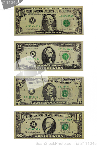 Image of American dollars face value 1, 2, 5 and 10 dollars