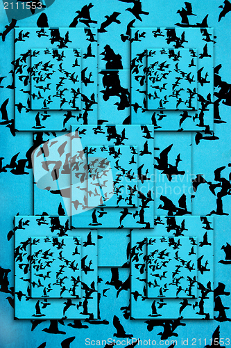 Image of Set of silhouettes of birds on a blue background