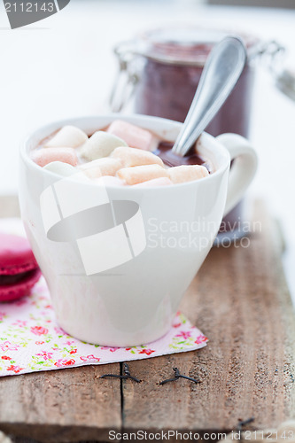 Image of Hot chocolate with marshmallows and macaroon