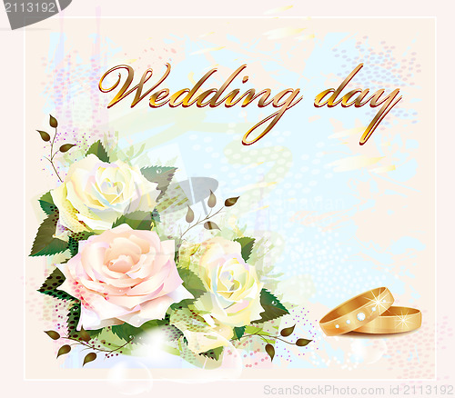 Image of wedding card  with  rings and roses