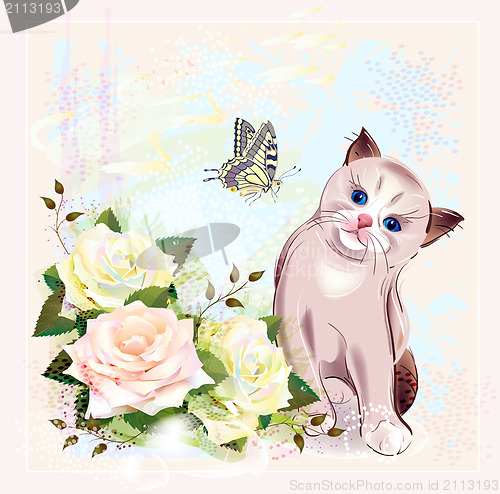 Image of greeting card with kitten, butterfly and roses