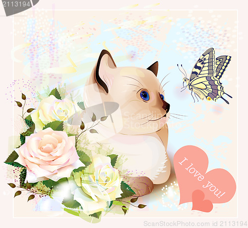 Image of Valentines day greeting card with kitten, butterfly and roses