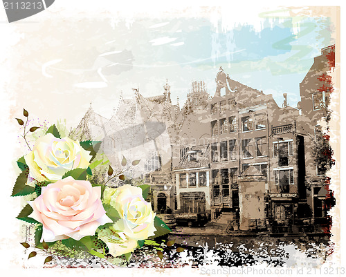 Image of vintage illustration of Amsterdam street and roses. Watercolor s