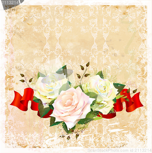 Image of vintage  ornamental background with roses and ribbon