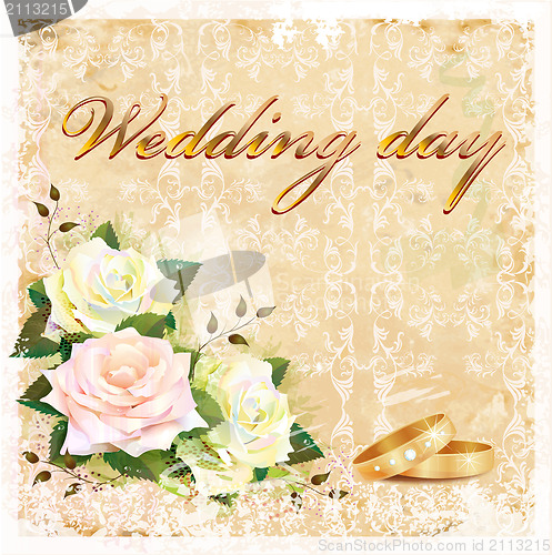 Image of vintage wedding card with roses and rings 