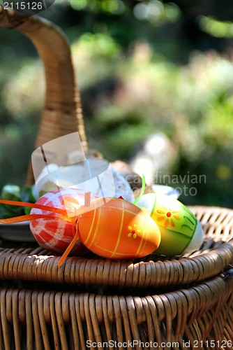 Image of Easter colored eggs and basket
