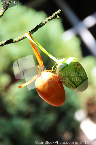 Image of Easter eggs hanging on the tree 