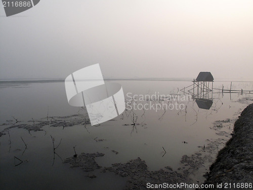 Image of Modest straw hut of Indian fishermen in the Ganges, Sundarband, West Bengal, India
