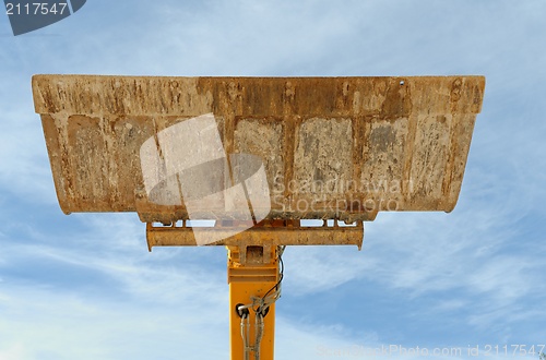 Image of Bulldozer excavation scoop on sky background