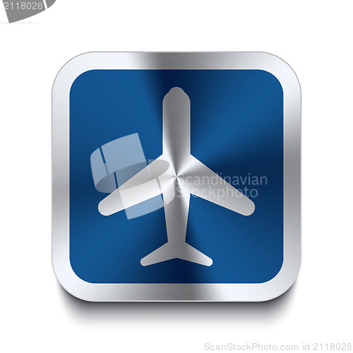 Image of Square metal button - blue airplane icon