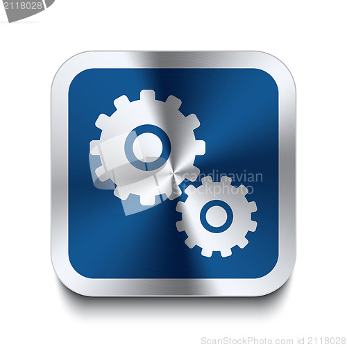 Image of Square metal button - blue gear icon