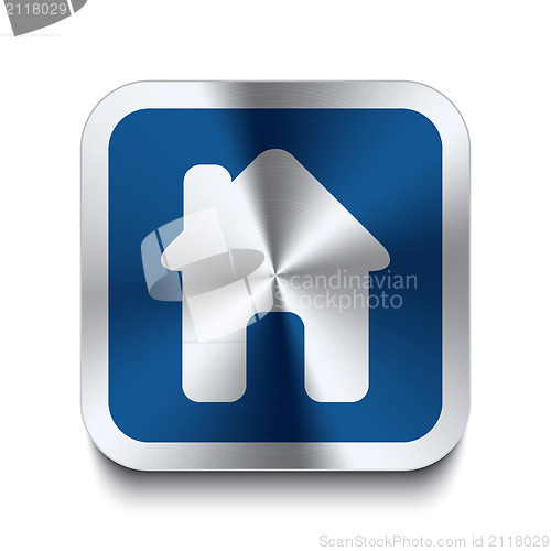 Image of Square metal button - blue house icon