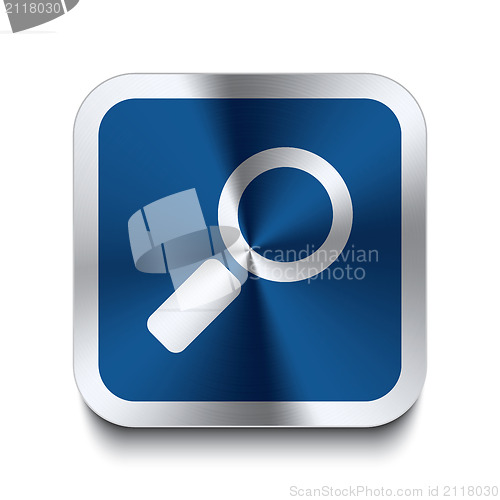 Image of Square metal button - blue magnifier icon