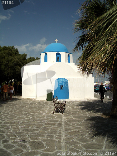 Image of church with bench