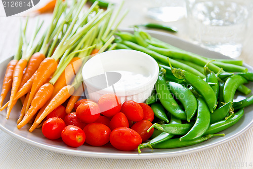Image of Fresh vegetables with dipping sauce