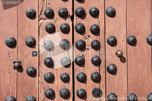 Image of Big black nails on a door.